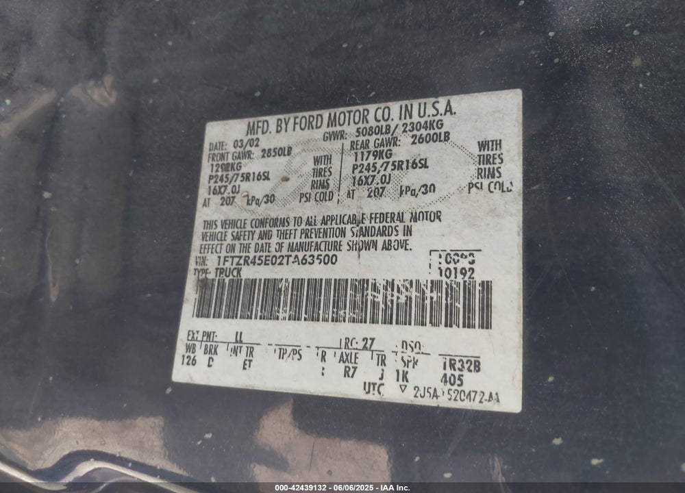 2002 FORD RANGER EDGE/XLT VIN: 1FTZR45E02TA63500