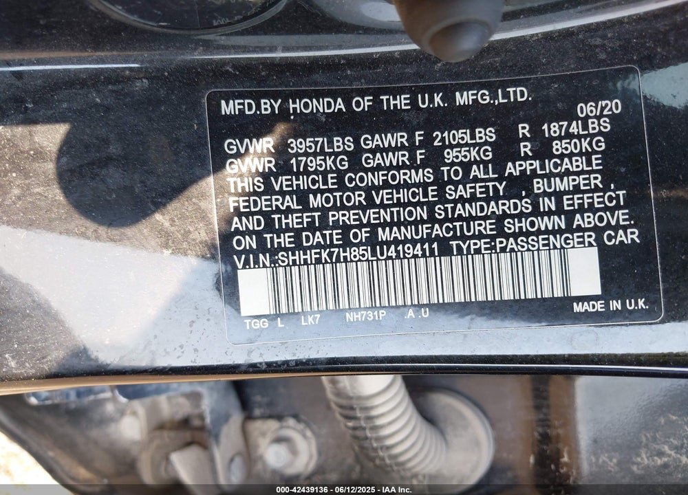 2020 HONDA CIVIC VIN: SHHFK7H85LU419411