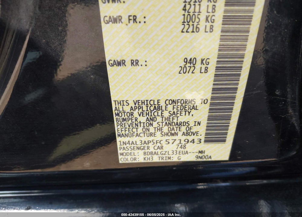 2015 NISSAN ALTIMA 2.5 S VIN: 1N4AL3AP5FC571943