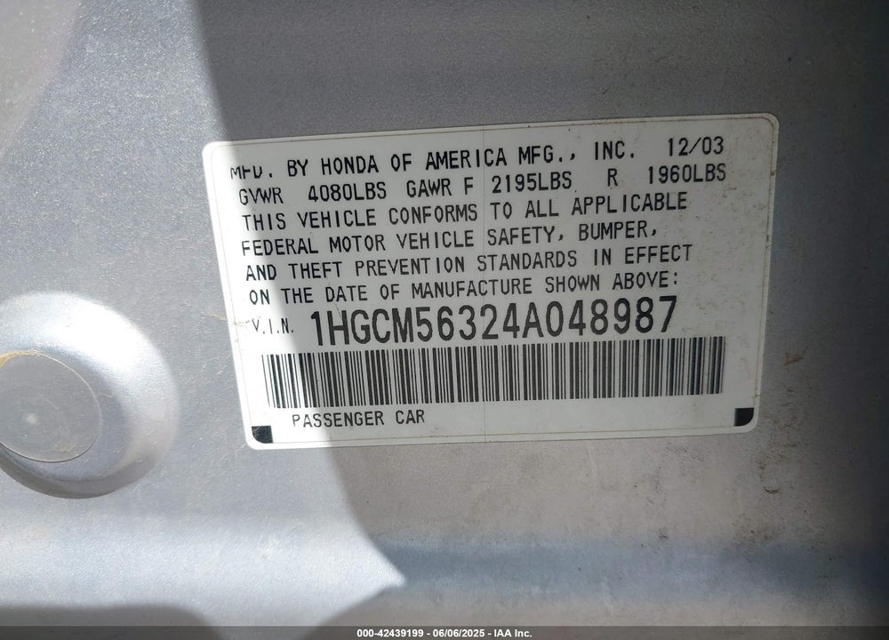 2004 HONDA ACCORD 2.4 LX VIN: 1HGCM56324A048987