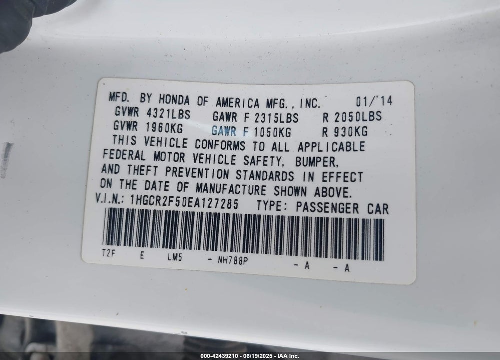 2014 HONDA ACCORD VIN: 1HGCR2F50EA127285