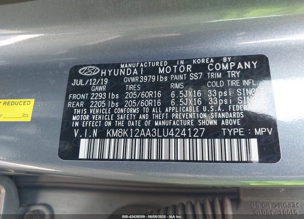 2020 HYUNDAI KONA VIN: KM8K12AA3LU424127