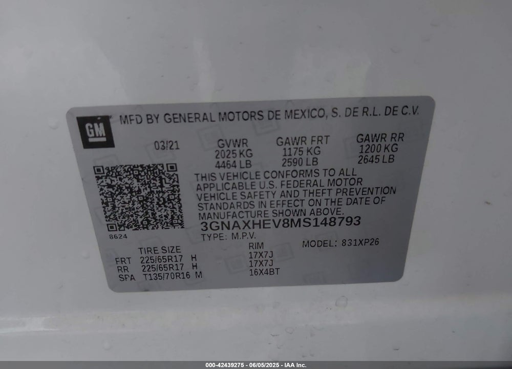 2021 CHEVROLET EQUINOX VIN: 3GNAXHEV8MS148793