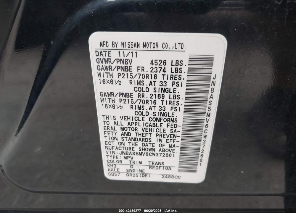 2012 NISSAN ROGUE S VIN: JN8AS5MV6CW372661