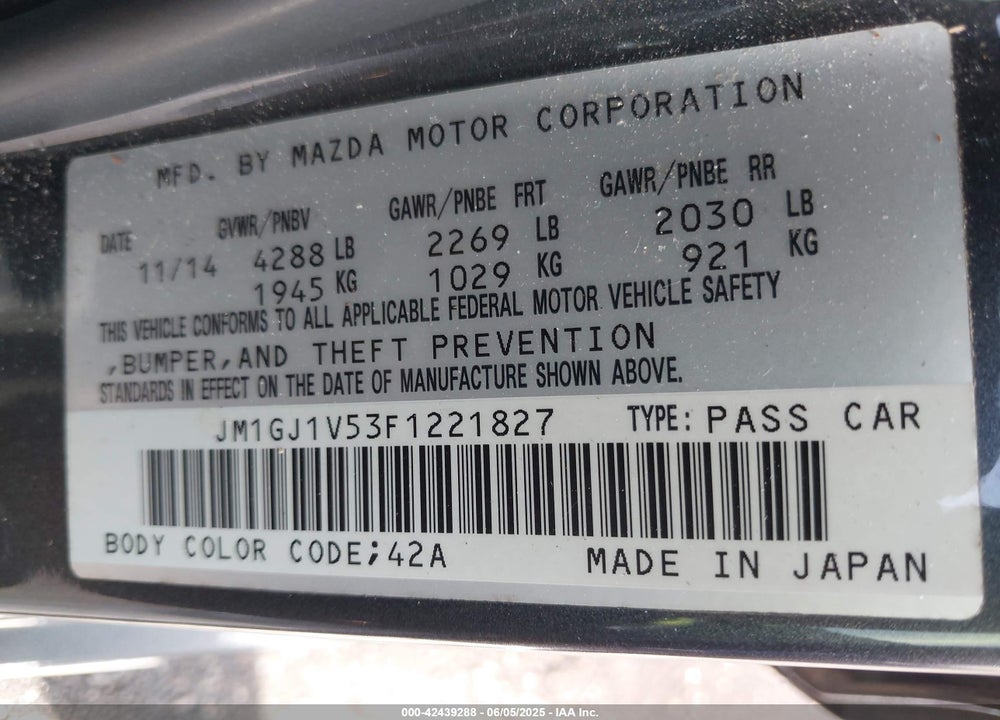 2015 MAZDA 6 VIN: JM1GJ1V53F1221827
