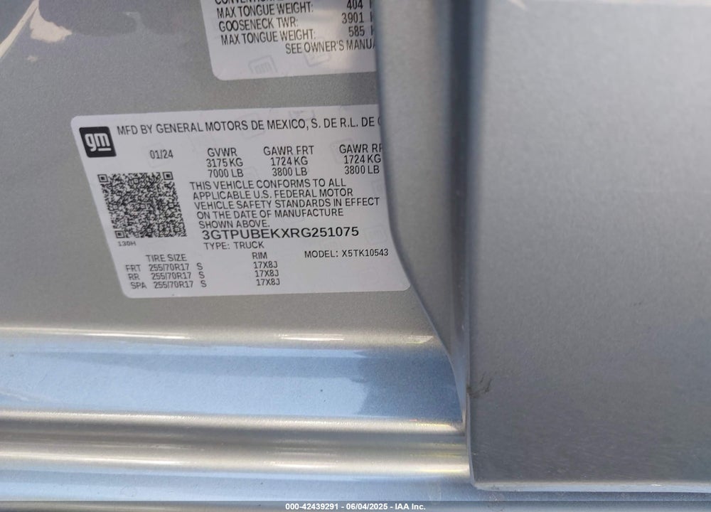 2024 GMC SIERRA 1500 VIN: 3GTPUBEKXRG251075