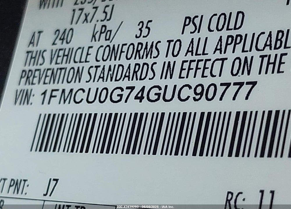 2016 FORD ESCAPE VIN: 1FMCU0G74GUC90777