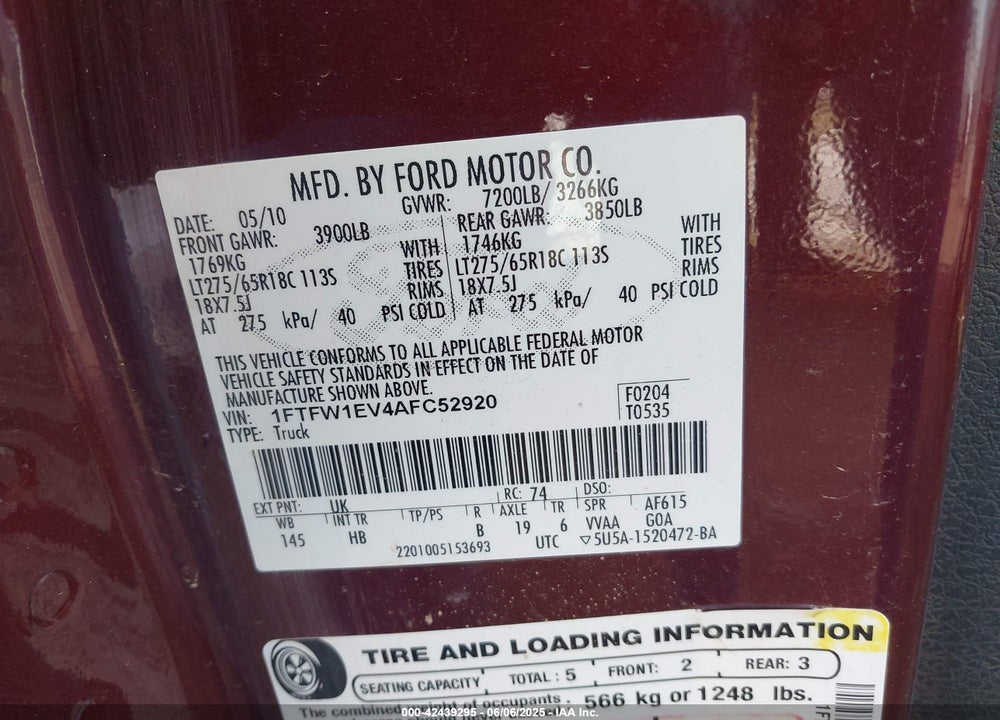 2010 FORD F-150 FX4/HARLEY-DAVIDSON/KING RANCH/LARIAT/PLATINUM/XL/XLT VIN: 1FTFW1EV4AFC52920