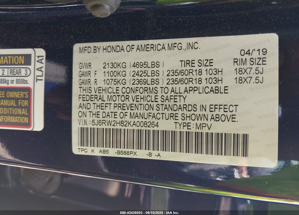 2019 HONDA CR-V VIN: 5J6RW2H82KA008264