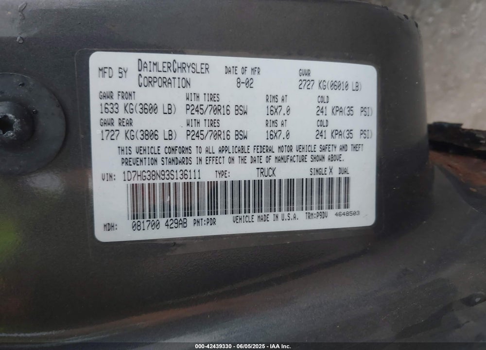 2003 DODGE DAKOTA SPORT/SXT VIN: 1D7HG38N93S136111