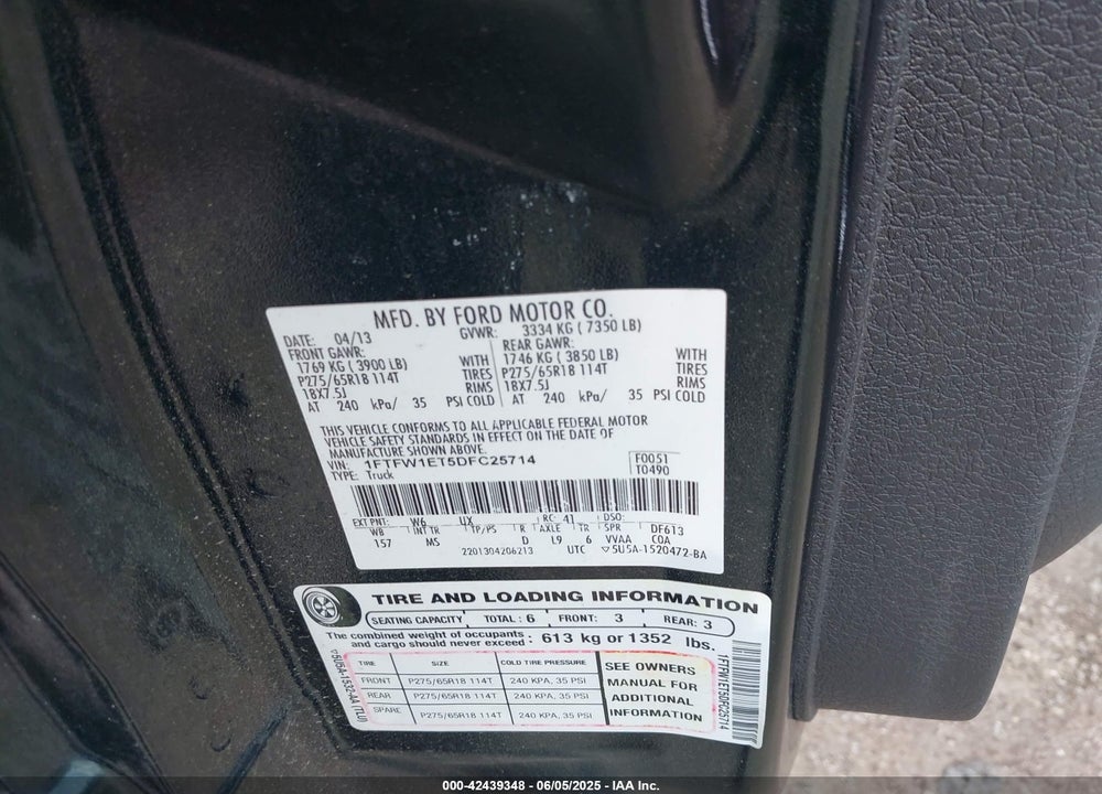 2013 FORD F-150 VIN: 1FTFW1ET5DFC25714
