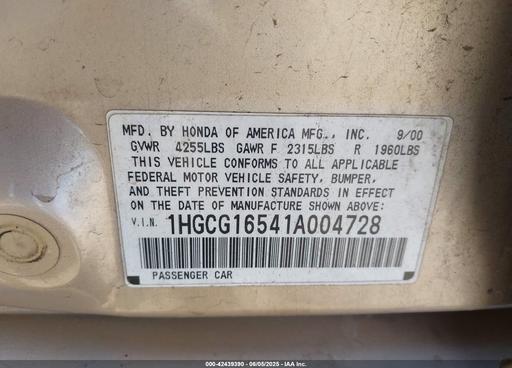 2001 HONDA ACCORD 3.0 EX VIN: 1HGCG16541A004728