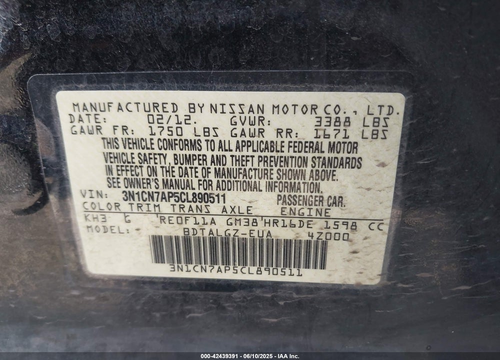 2012 NISSAN VERSA VIN: 3N1CN7AP5CL890511