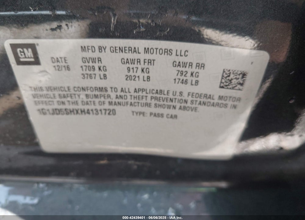 2017 CHEVROLET SONIC VIN: 1G1JD5SHXH4131720