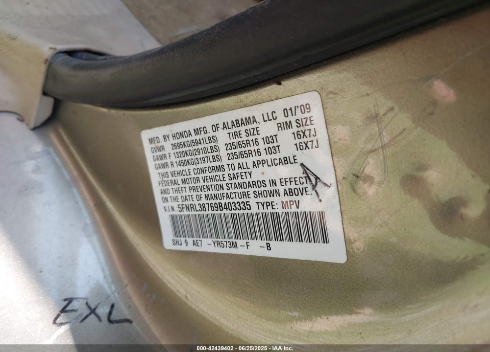 2009 HONDA ODYSSEY EX-L VIN: 5FNRL38769B403335
