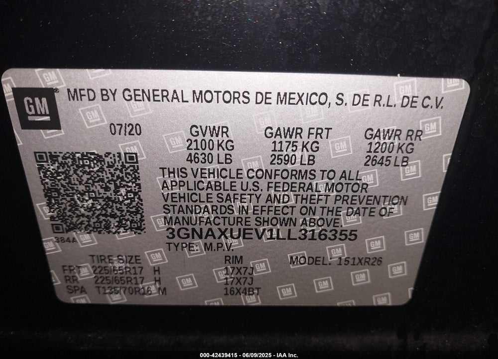 2020 CHEVROLET EQUINOX VIN: 3GNAXUEV1LL316355