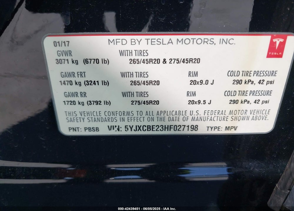 2017 TESLA MODEL X VIN: 5YJXCBE23HF027198