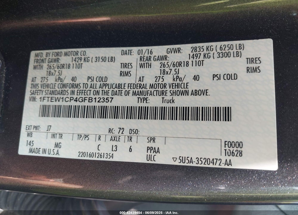 2016 FORD F-150 VIN: 1FTEW1CP4GFB12357