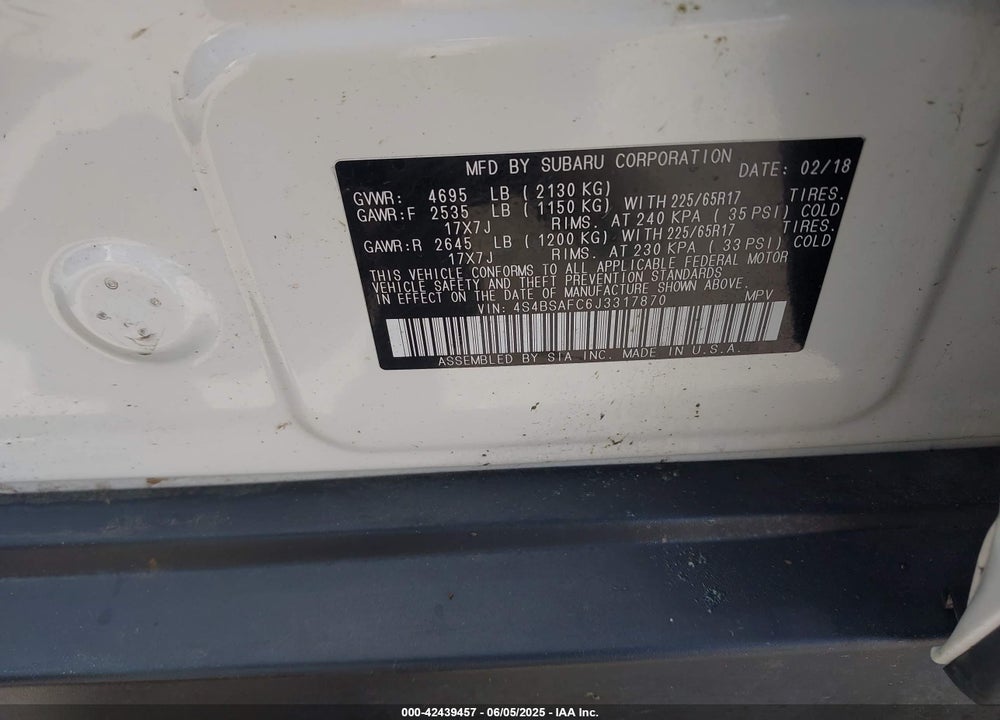 2018 SUBARU OUTBACK 2.5I PREMIUM VIN: 4S4BSAFC6J3317870