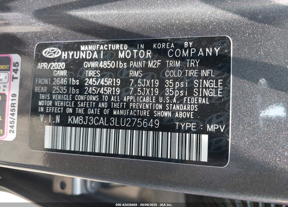 2020 HYUNDAI TUCSON VIN: KM8J3CAL3LU275649