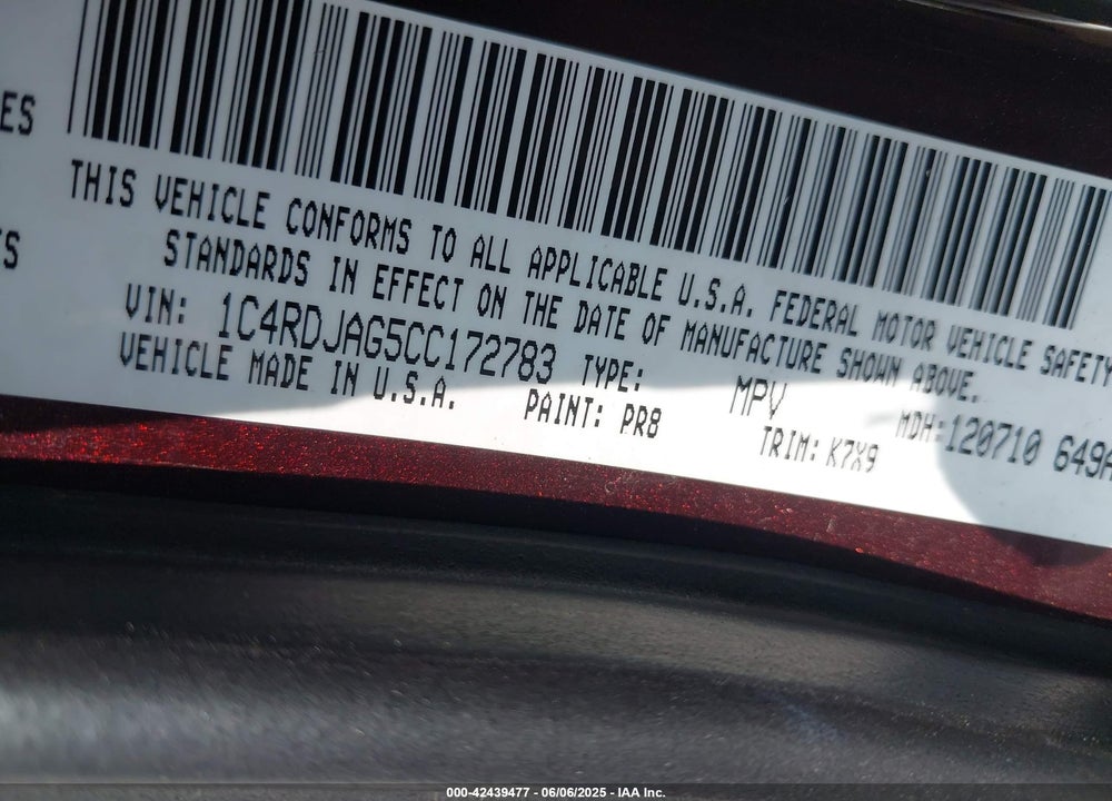 2012 DODGE DURANGO VIN: 1C4RDJAG5CC172783