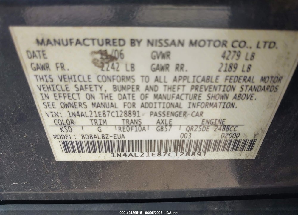 2007 NISSAN ALTIMA VIN: 1N4AL21E87C128891