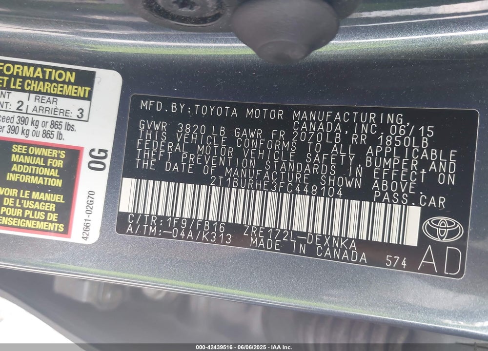 2015 TOYOTA COROLLA VIN: 2T1BURHE3FC448104
