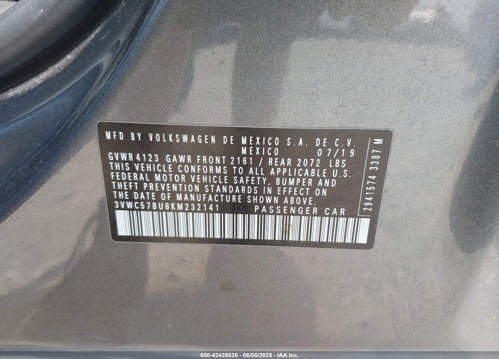 2019 VOLKSWAGEN JETTA VIN: 3VWC57BU8KM232141