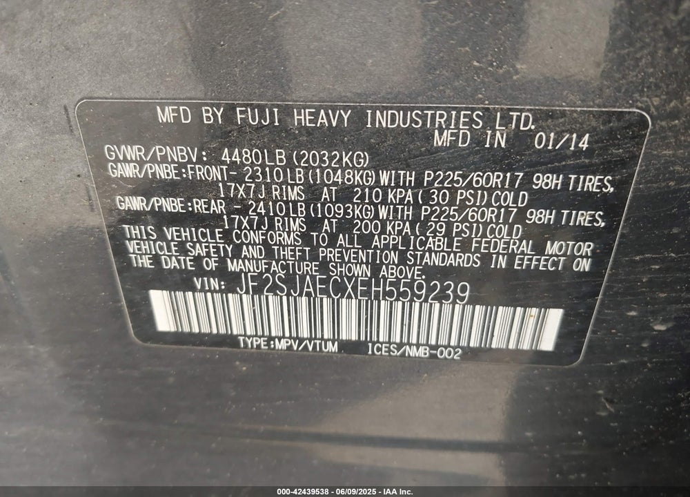 2014 SUBARU FORESTER VIN: JF2SJAECXEH559239