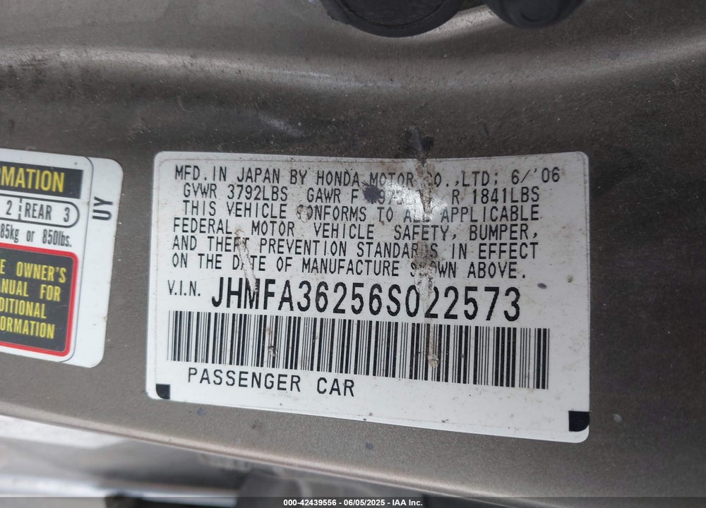 2006 HONDA CIVIC HYBRID VIN: JHMFA36256S022573