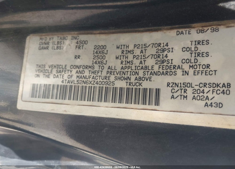 1999 TOYOTA TACOMA VIN: 4TAVL52N6XZ400925