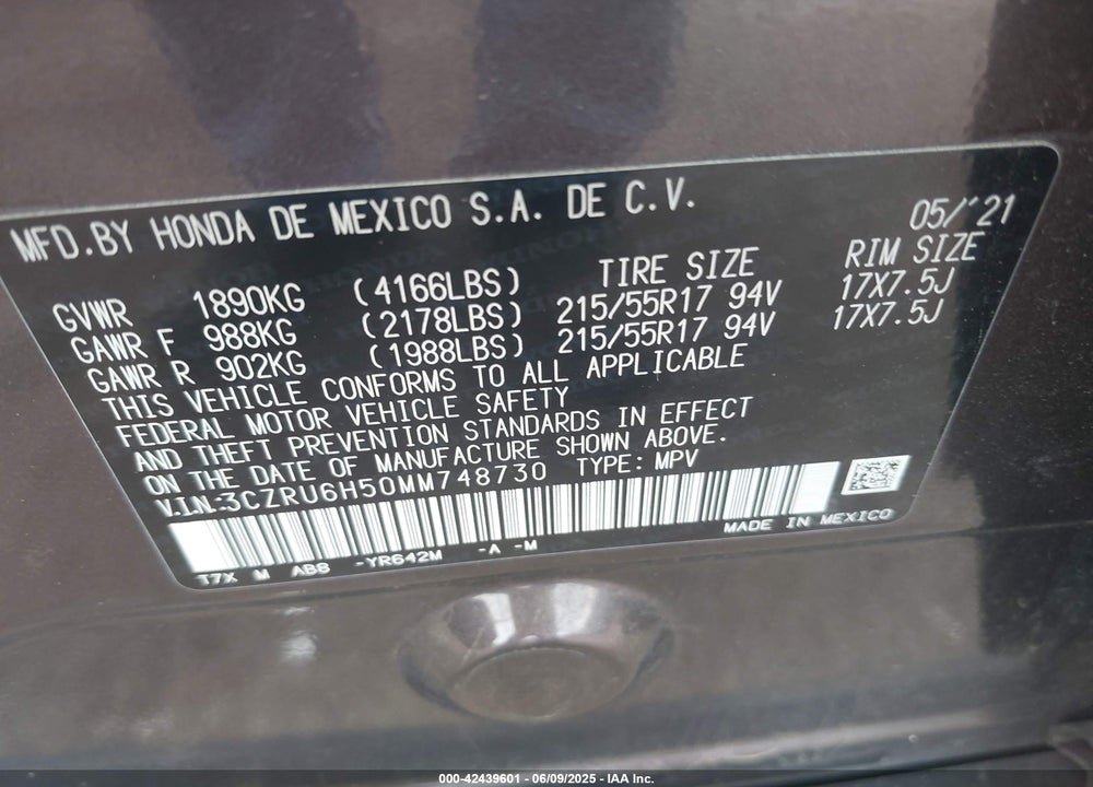 2021 HONDA HR-V AWD EX VIN: 3CZRU6H50MM748730