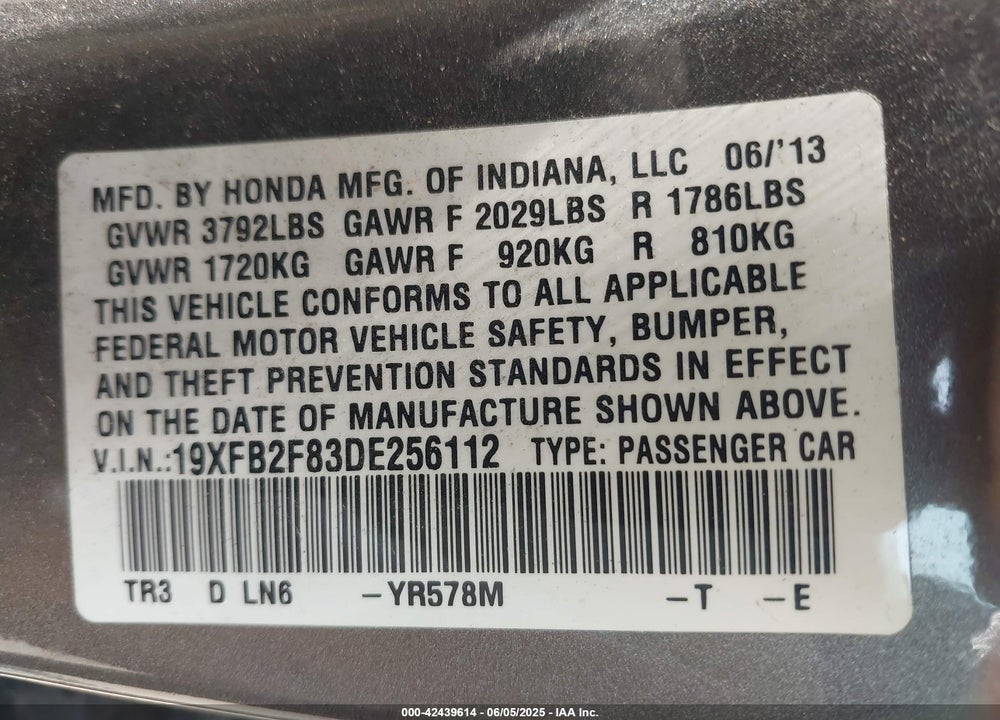 2013 HONDA CIVIC EX VIN: 19XFB2F83DE256112