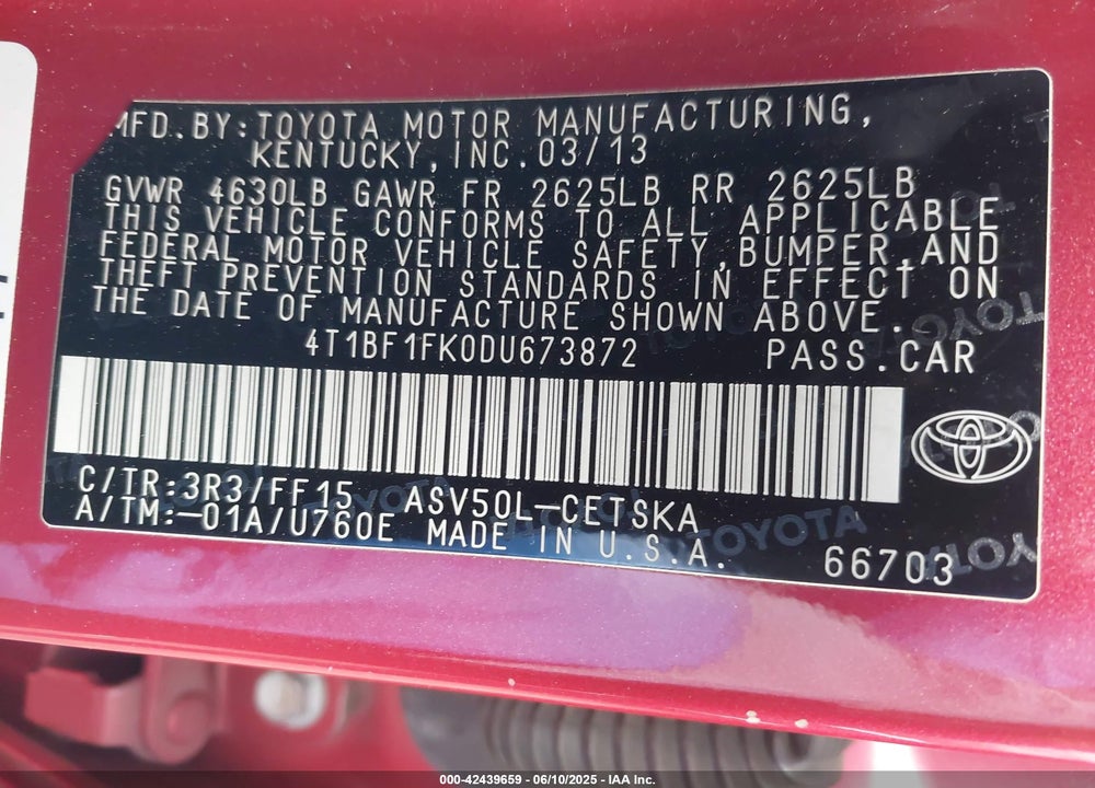 2013 TOYOTA CAMRY VIN: 4T1BF1FK0DU673872