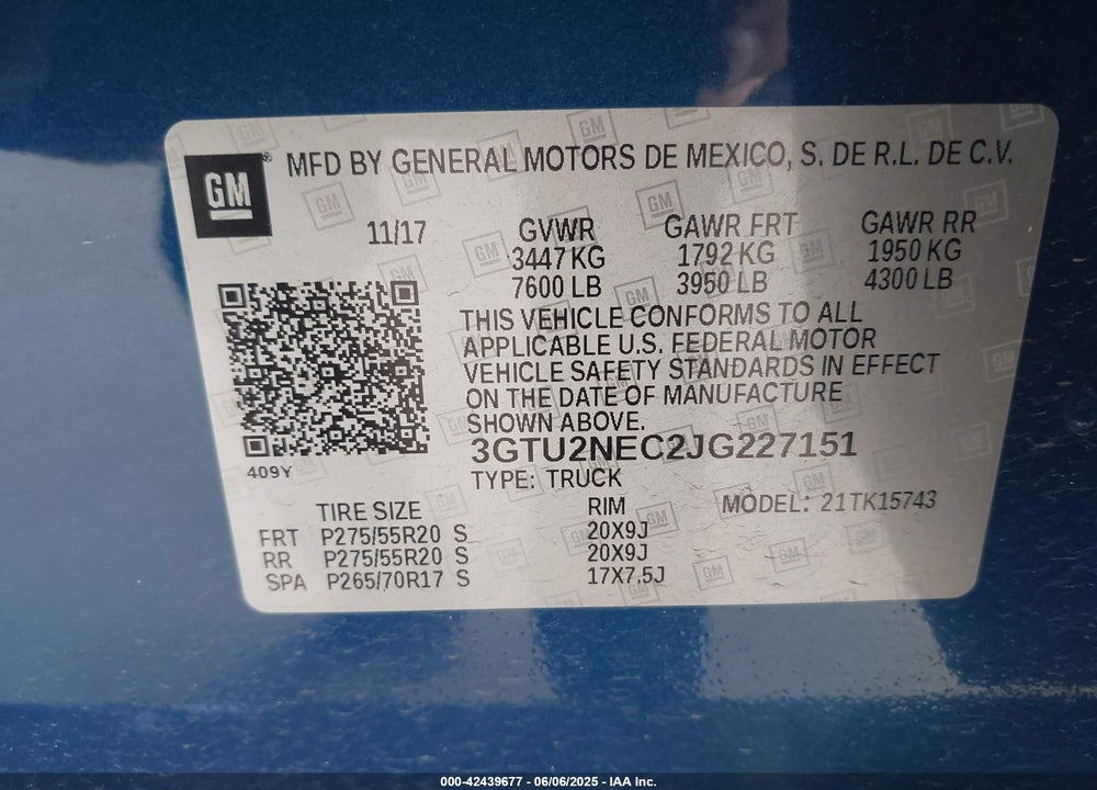 2018 GMC SIERRA VIN: 3GTU2NEC2JG227151