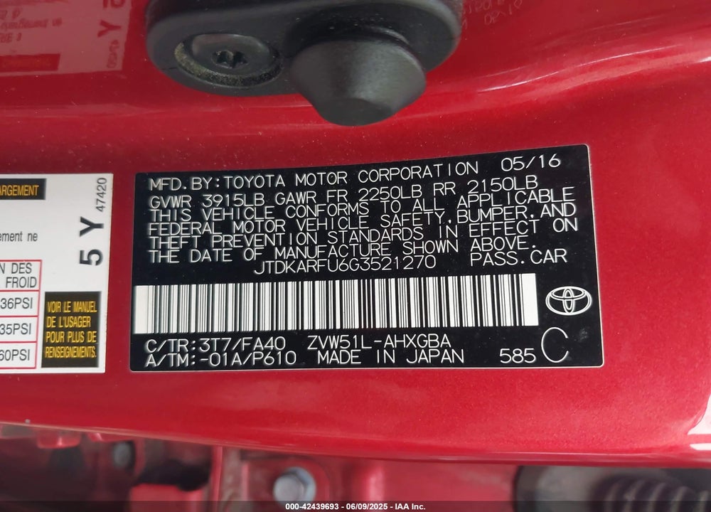 2016 TOYOTA PRIUS THREE VIN: JTDKARFU6G3521270