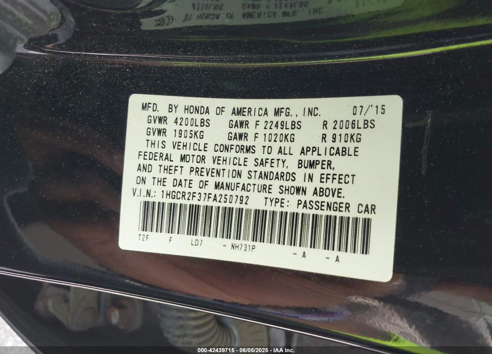 2015 HONDA ACCORD VIN: 1HGCR2F37FA250792