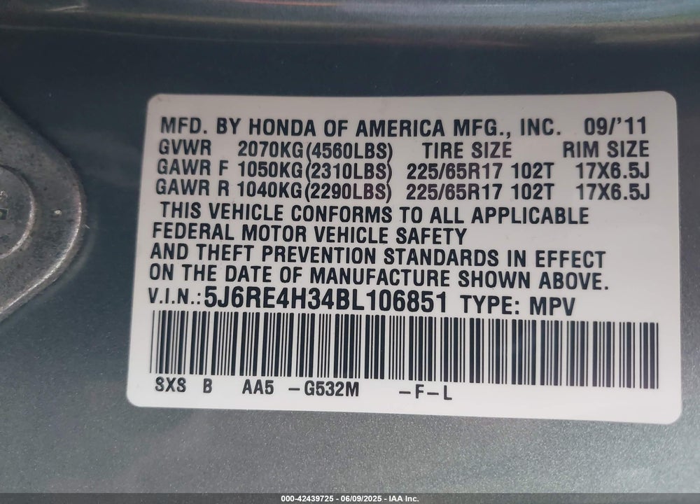 2011 HONDA CR-V LX VIN: 5J6RE4H34BL106851