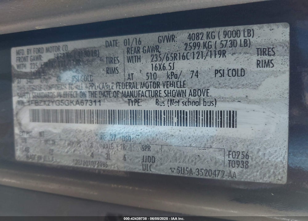 2016 FORD TRANSIT-350 XL VIN: 1FBZX2YG5GKA67311