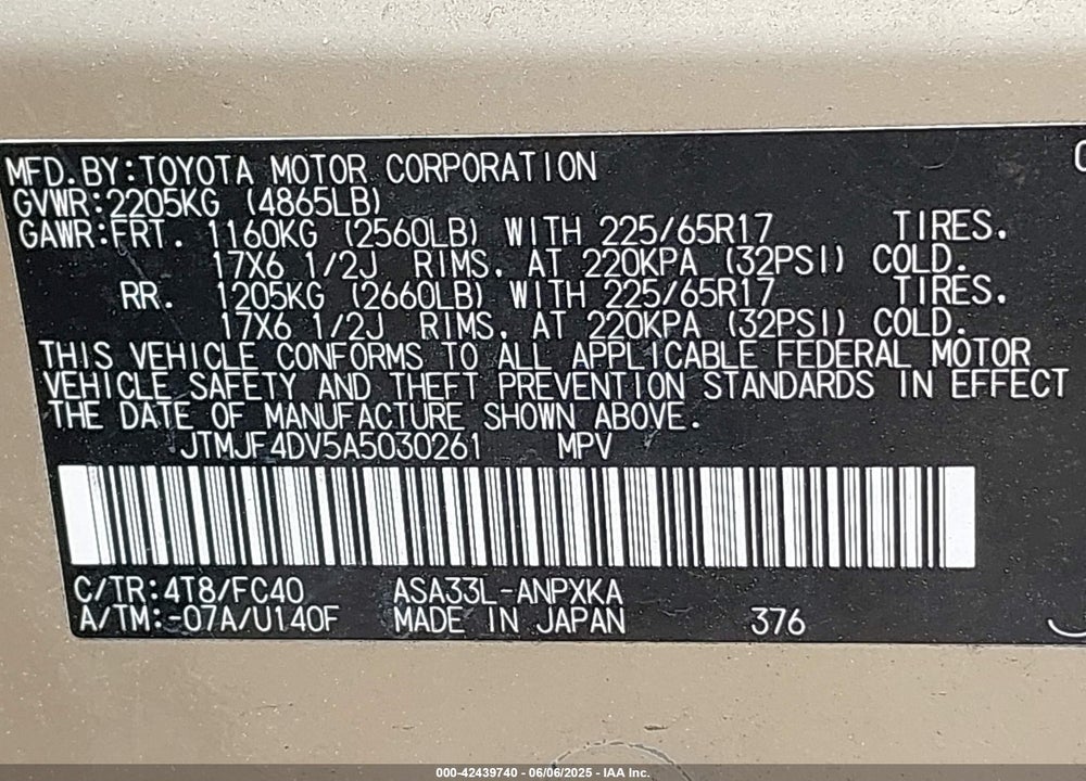 2010 TOYOTA RAV4 VIN: JTMJF4DV5A5030261