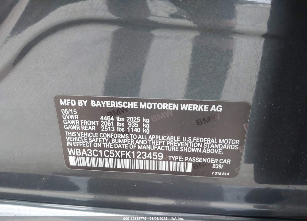 2015 BMW 3 SERIES VIN: WBA3C1C5XFK123459