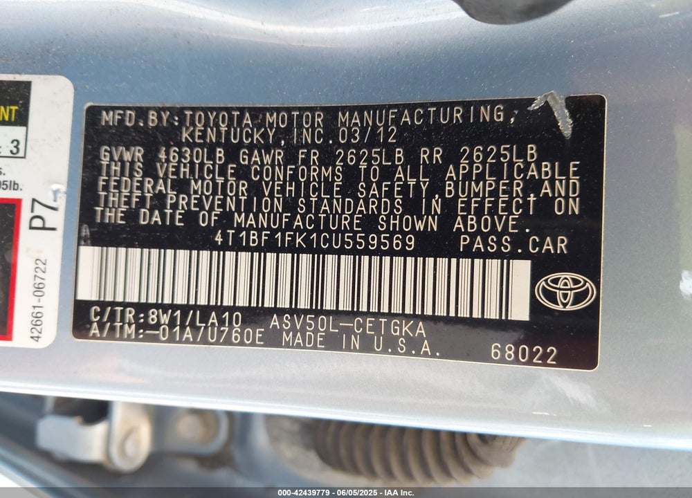 2012 TOYOTA CAMRY XLE VIN: 4T1BF1FK1CU559569