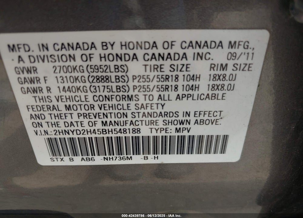 2011 ACURA MDX TECHNOLOGY PACKAGE VIN: 2HNYD2H45BH548188
