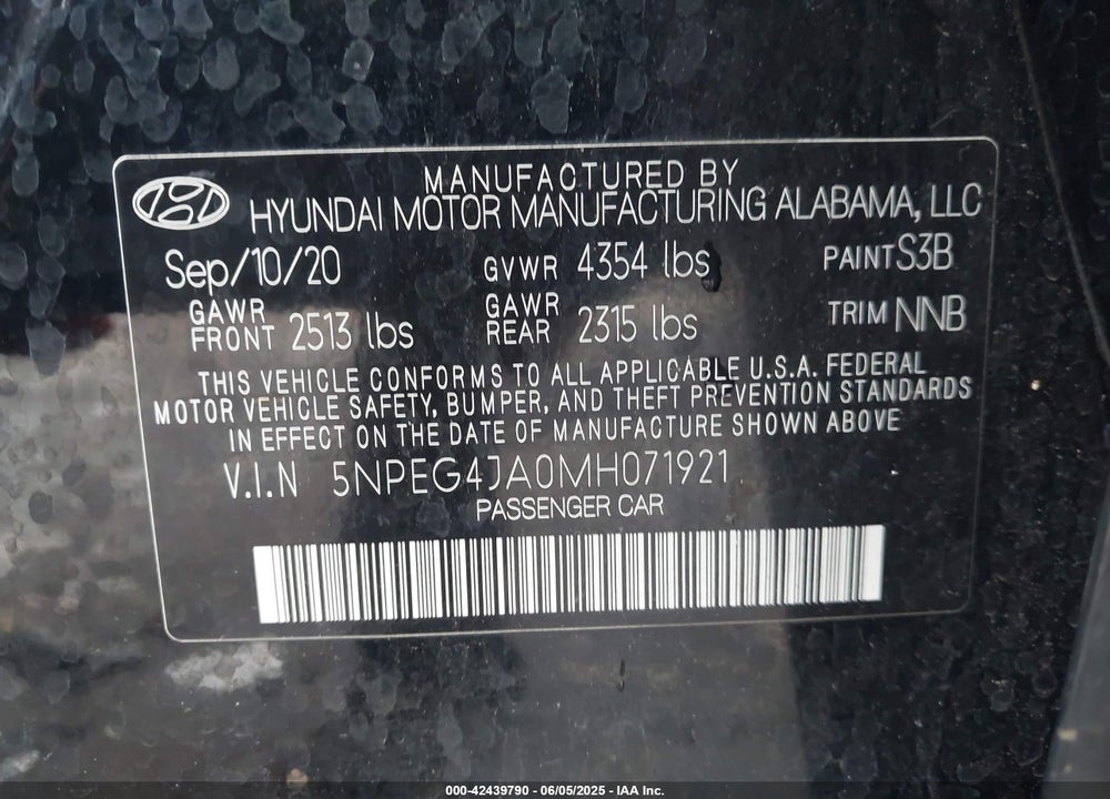 2021 HYUNDAI SONATA VIN: 5NPEG4JA0MH071921