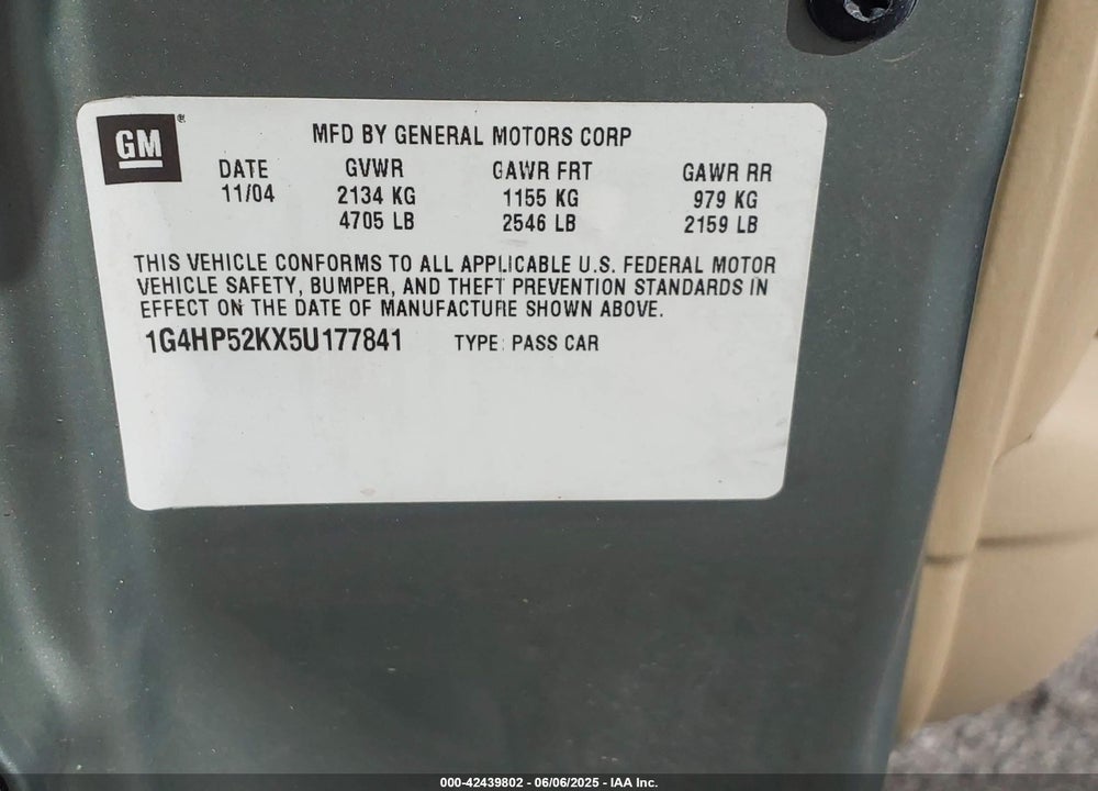 2005 BUICK LESABRE CUSTOM VIN: 1G4HP52KX5U177841