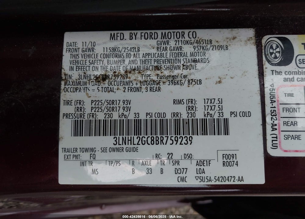2011 LINCOLN MKZ VIN: 3LNHL2GC8BR759239