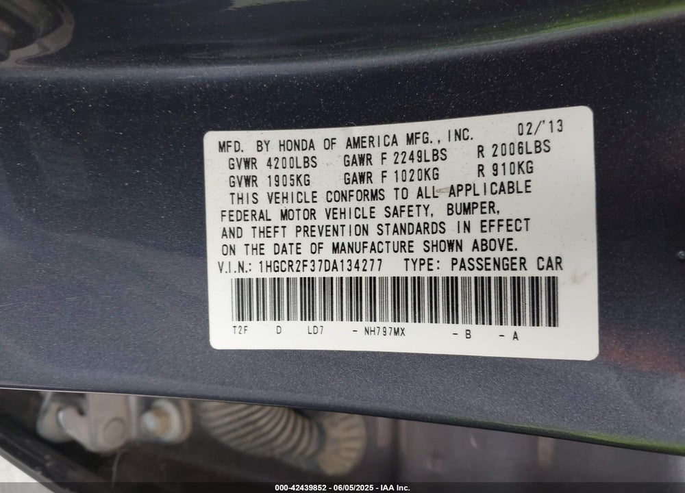 2013 HONDA ACCORD VIN: 1HGCR2F37DA134277