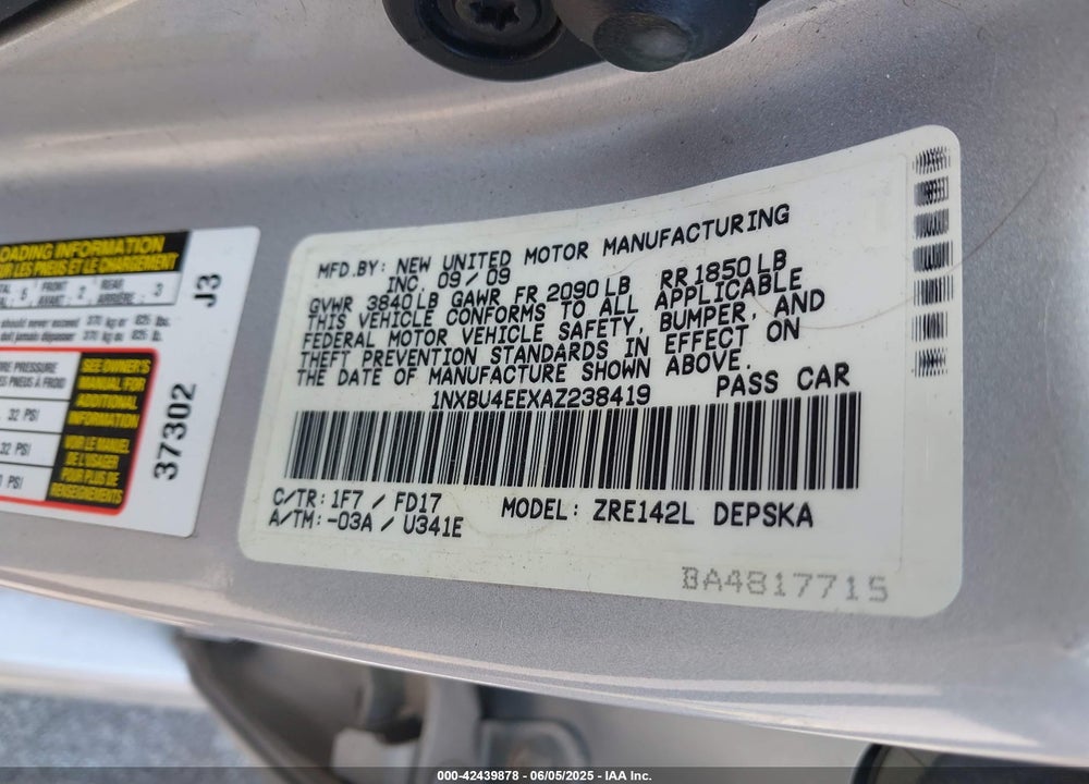 2010 TOYOTA COROLLA S VIN: 1NXBU4EEXAZ238419