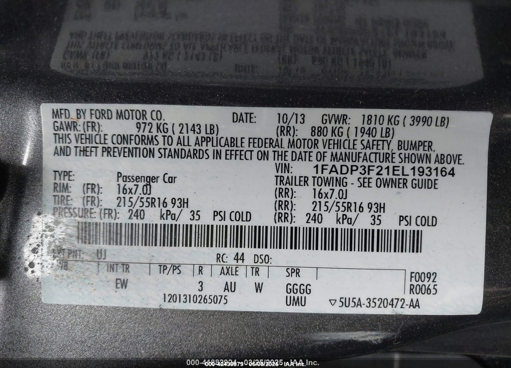 2014 FORD FOCUS VIN: 1FADP3F21EL193164