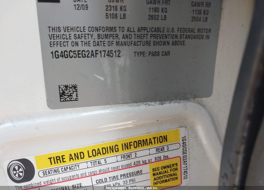 2010 BUICK LACROSSE VIN: 1G4GC5EG2AF174512